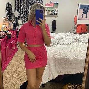 White fox pink mini button up dress